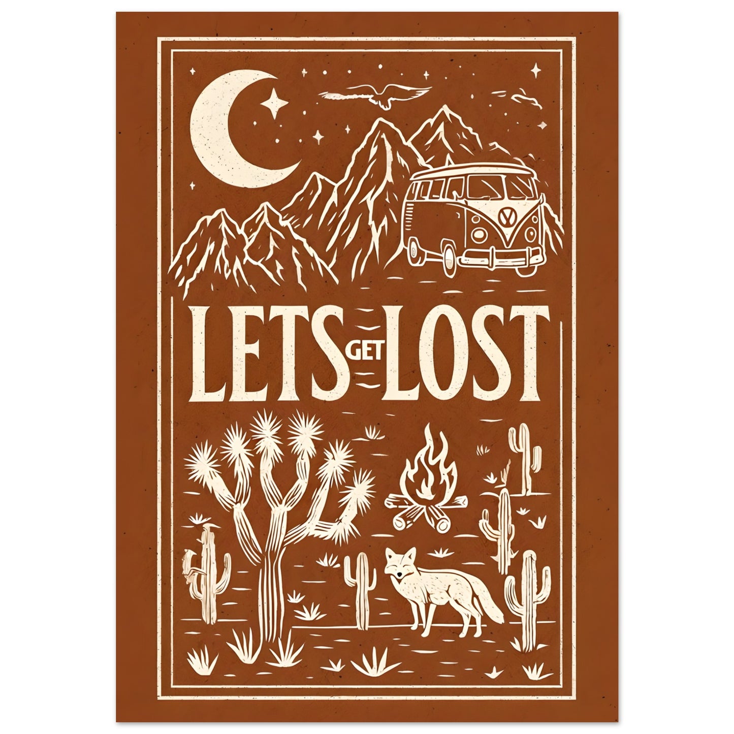 Retro Camper Van Wall Art – Let's Get Lost Desert Adventure Print