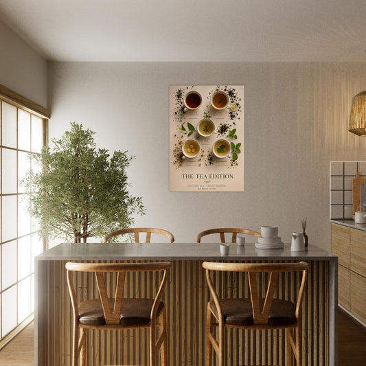 Tea Edition Poster displayed in a bright dining room with warm natural light and contemporary décor.