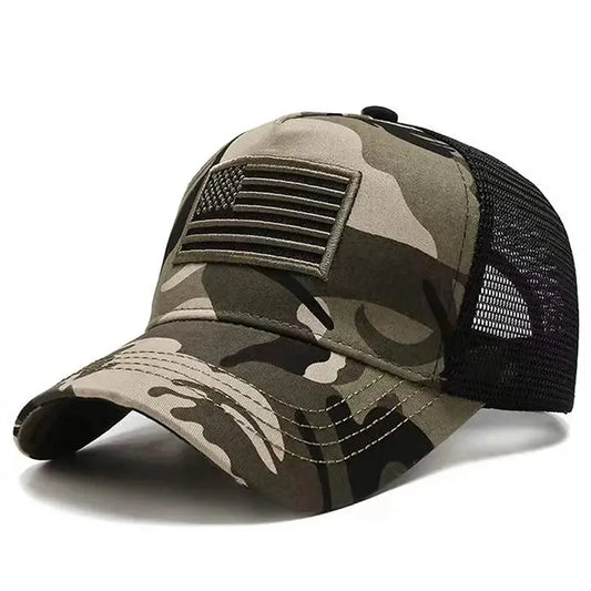 Camouflage baseball cap with American flag patch on a white background