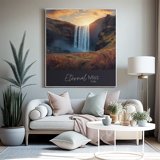 Living room with a couch, coffee table, and wall art of a waterfall.