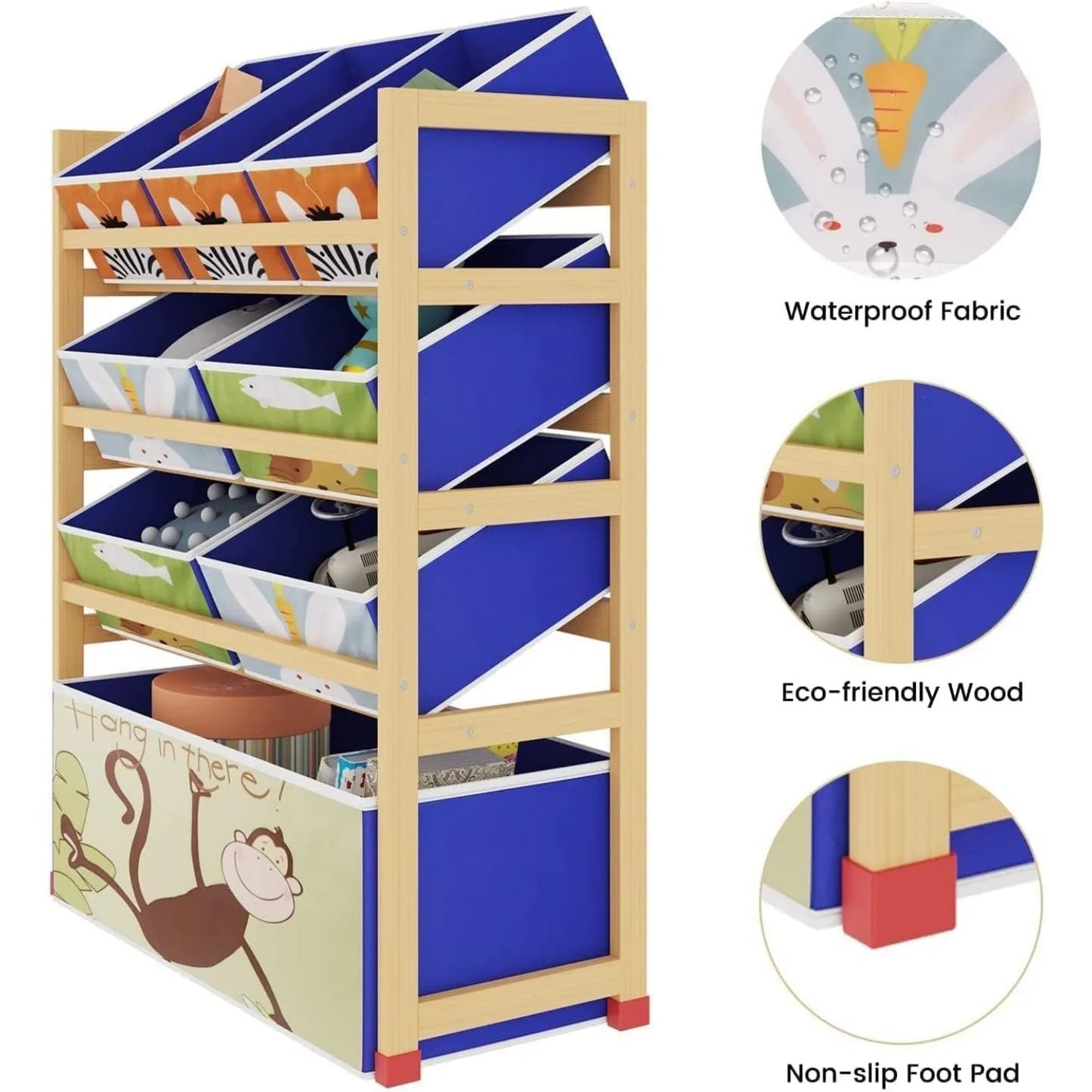 4 Tier Children'S Toy Organiser Shelf with 8 Removable Fabric Bins Boxes, Wooden Toy Organiser Rack for Nursery Playroom