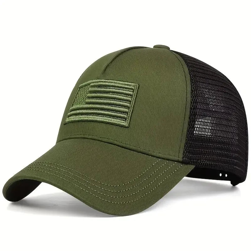 Green trucker cap with American flag patch on a white background