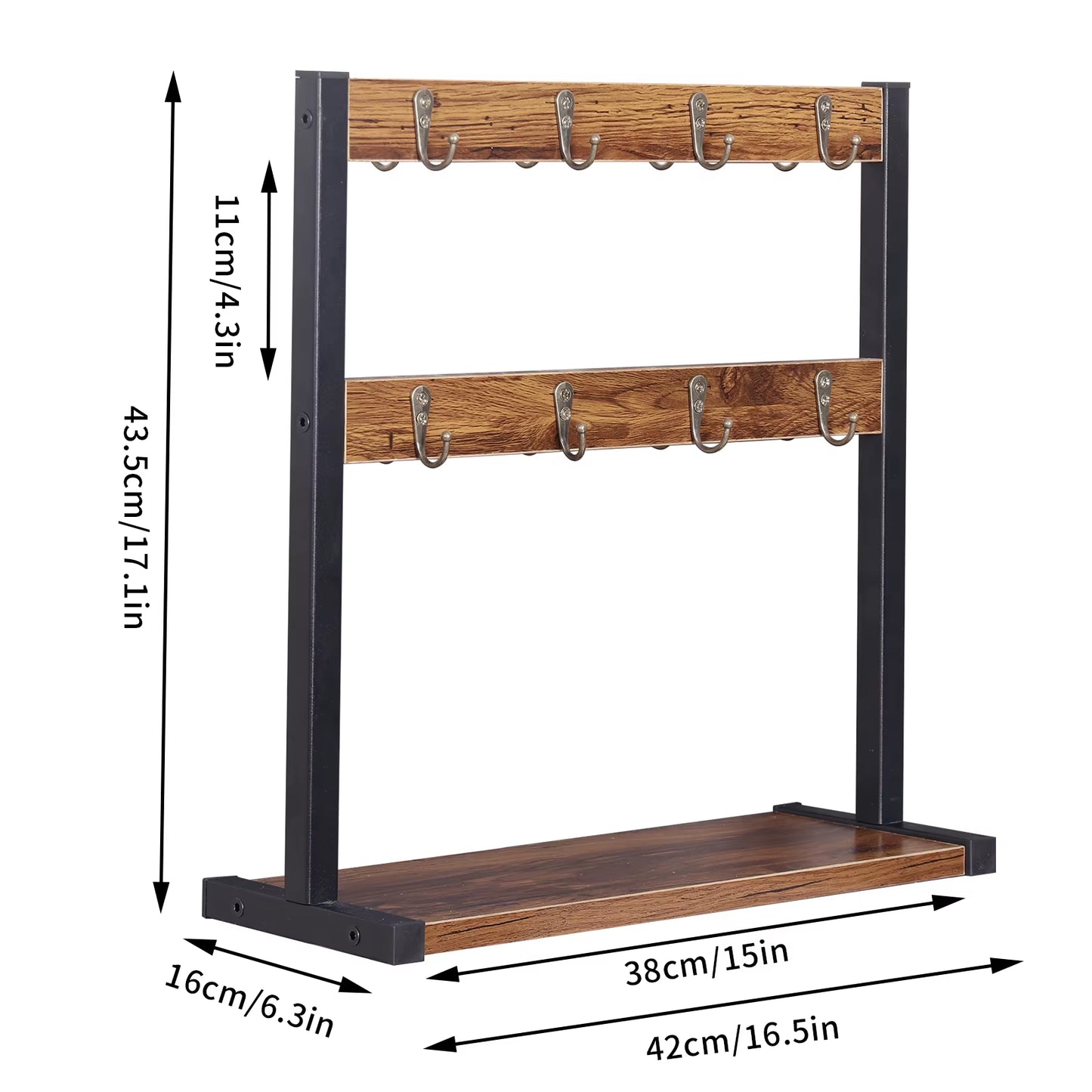 Vintage Wood Coffee Mug Holder Stand 2 Tier Countertop Mug Tree Holder Rack with 16 Hooks Hangers