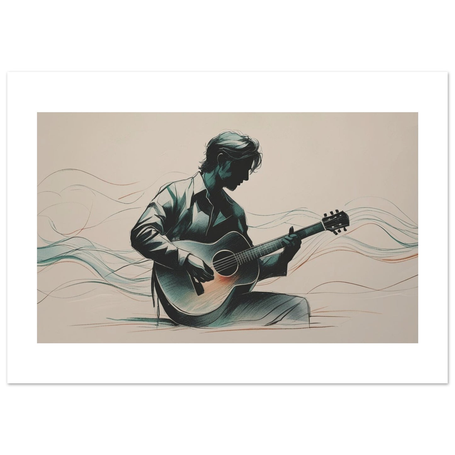 Illustration of a person playing an acoustic guitar with wavy lines on a beige background
