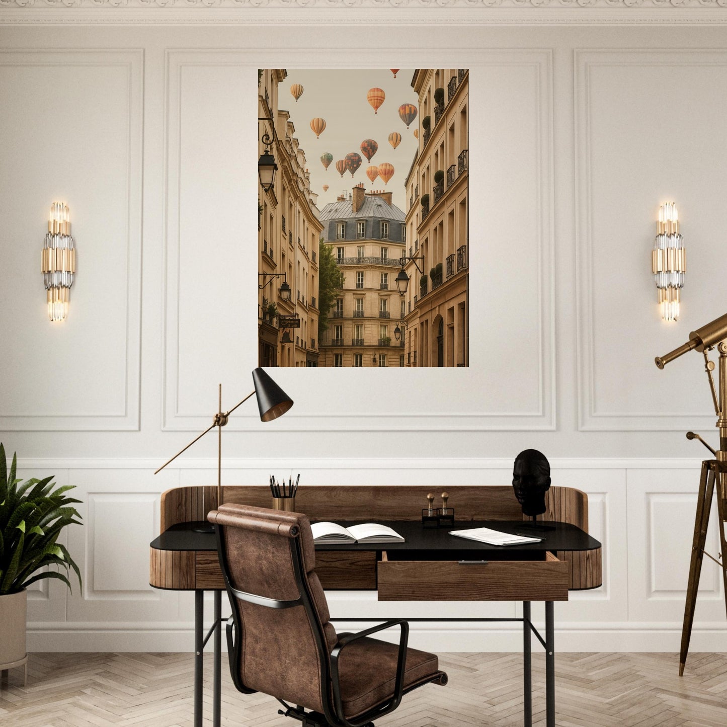 Modern office setup with a desk, chair, and wall art of a city street with hot air balloons.