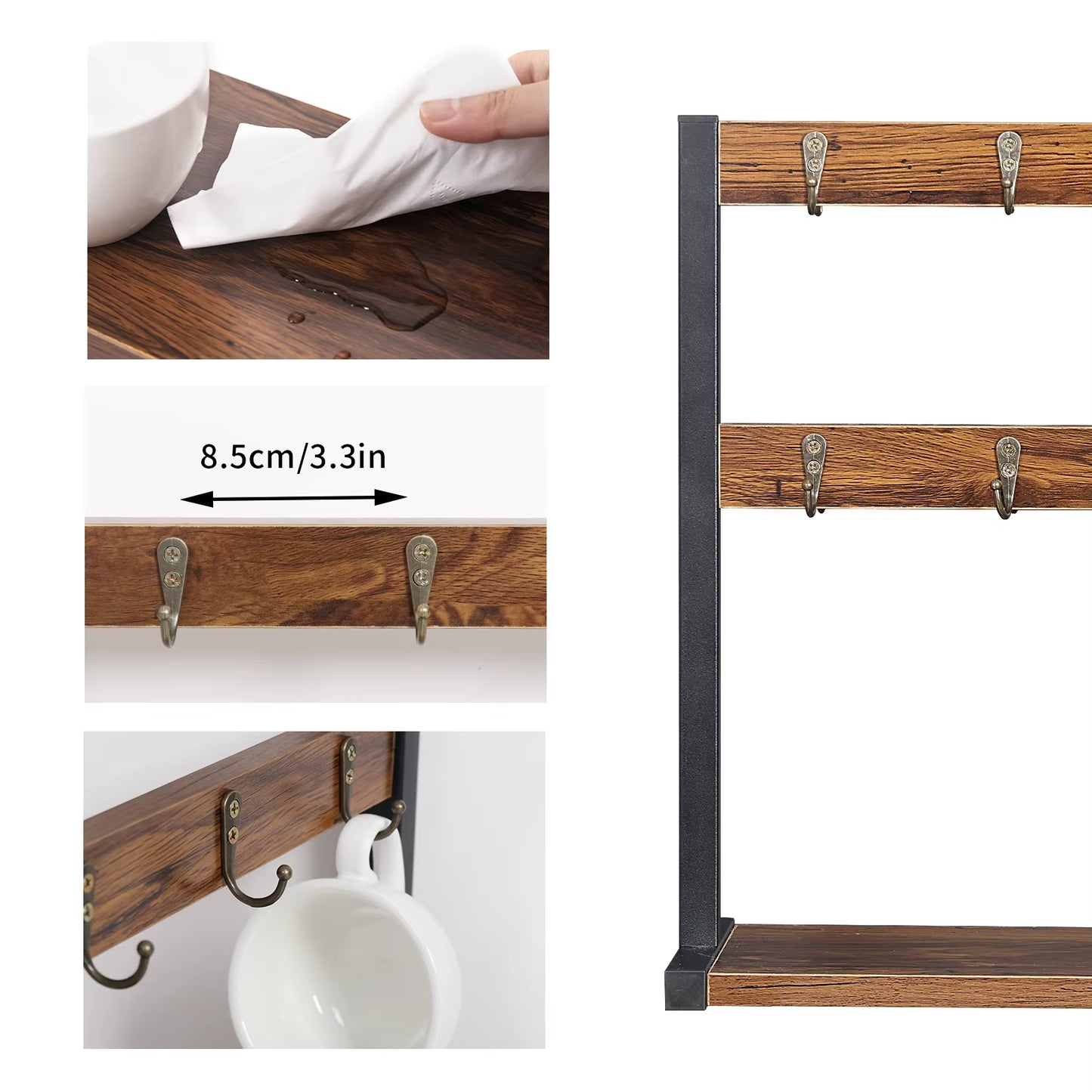 Vintage Wood Coffee Mug Holder Stand 2 Tier Countertop Mug Tree Holder Rack with 16 Hooks Hangers