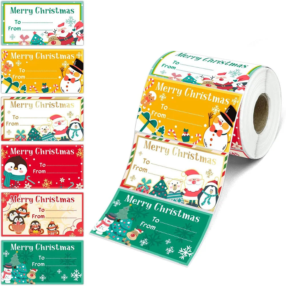 Roll of Christmas-themed gift tags with colorful designs on a white background.