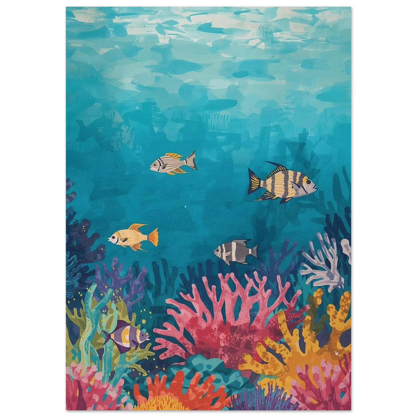 Colorful underwater scene with fish and coral on a blue background