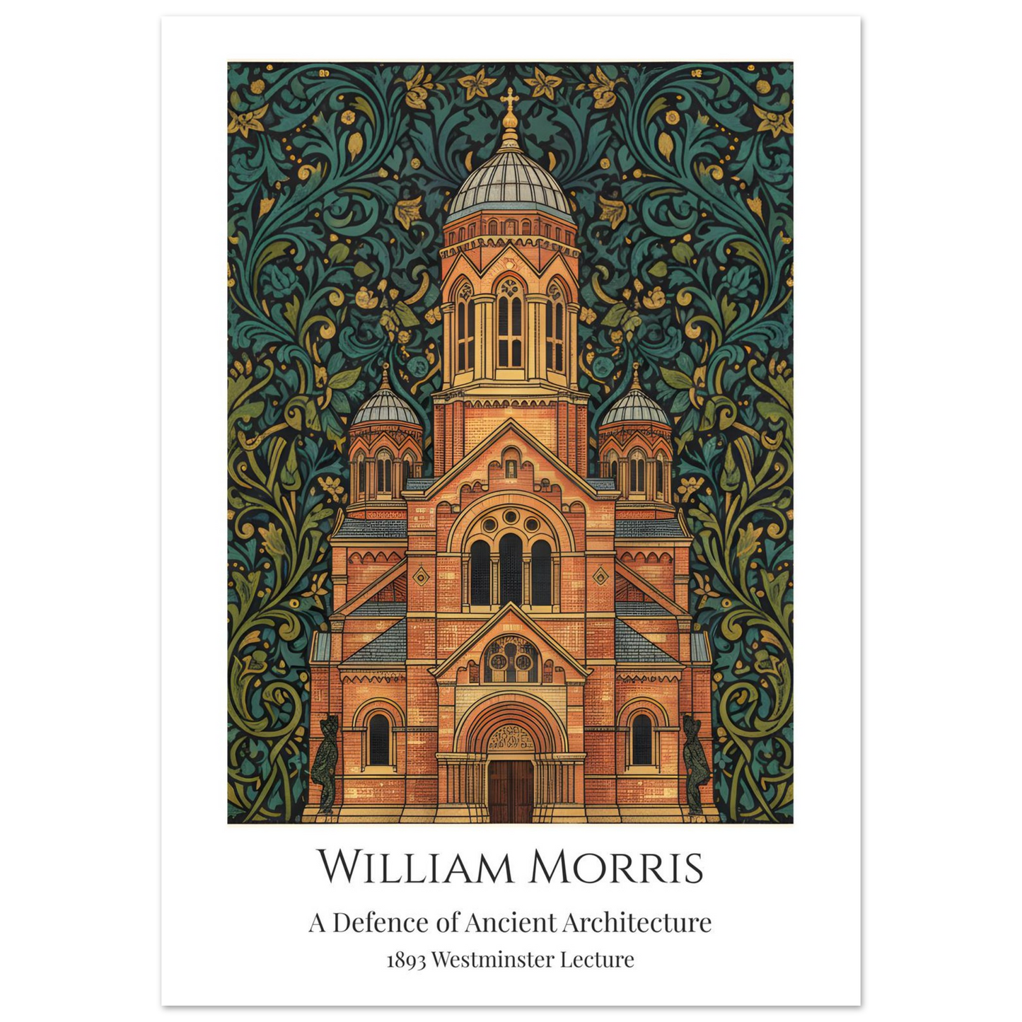 A William Morris style art print of Westminster Cathedral featuring a Neo-Byzantine architectural facade in gold and brick tones. The building is surrounded by an intricate, dense teal and dark green botanical pattern. The bottom features a clean white border with the text: William Morris, A Defence of Ancient Architecture, 1893 Westminster Lecture