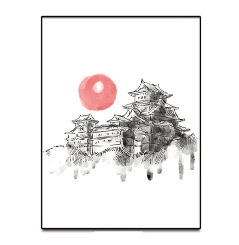 Art print of a traditional Japanese castle with a red sun in the background.