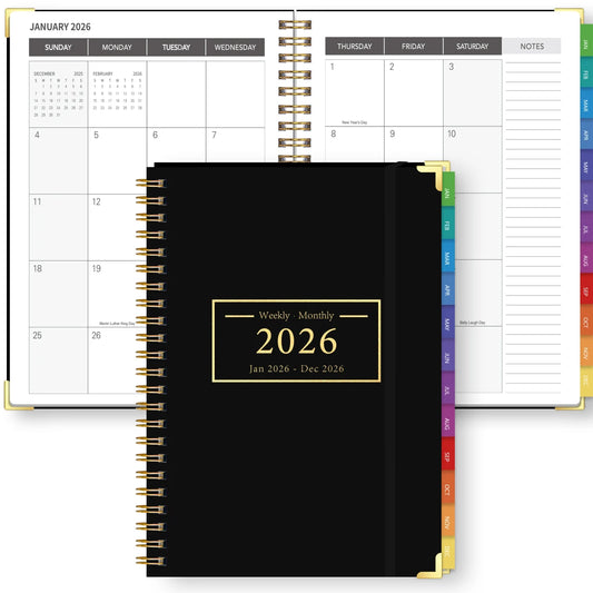 Black planner with '2026' on a white background