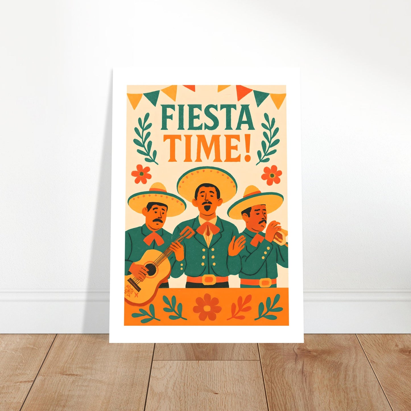 Poster with 'Fiesta Time!' text and Mexican-themed illustration on a white wall.