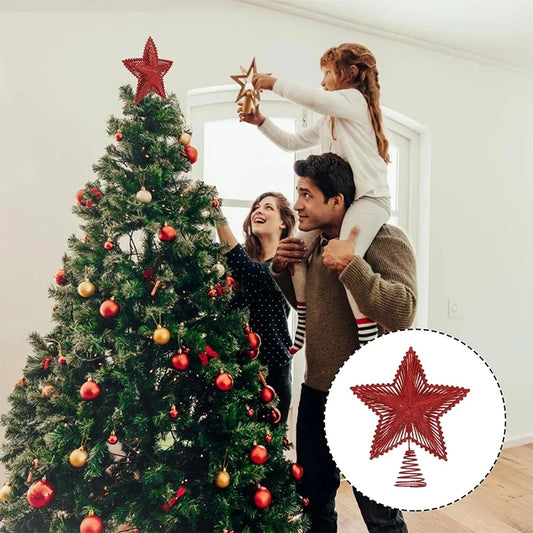 Family decorating a Christmas tree with a red star ornament, inset showing the star ornament.