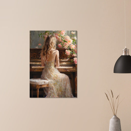 Romantic Piano Poster – Vintage Art Print of Woman with Flowers
