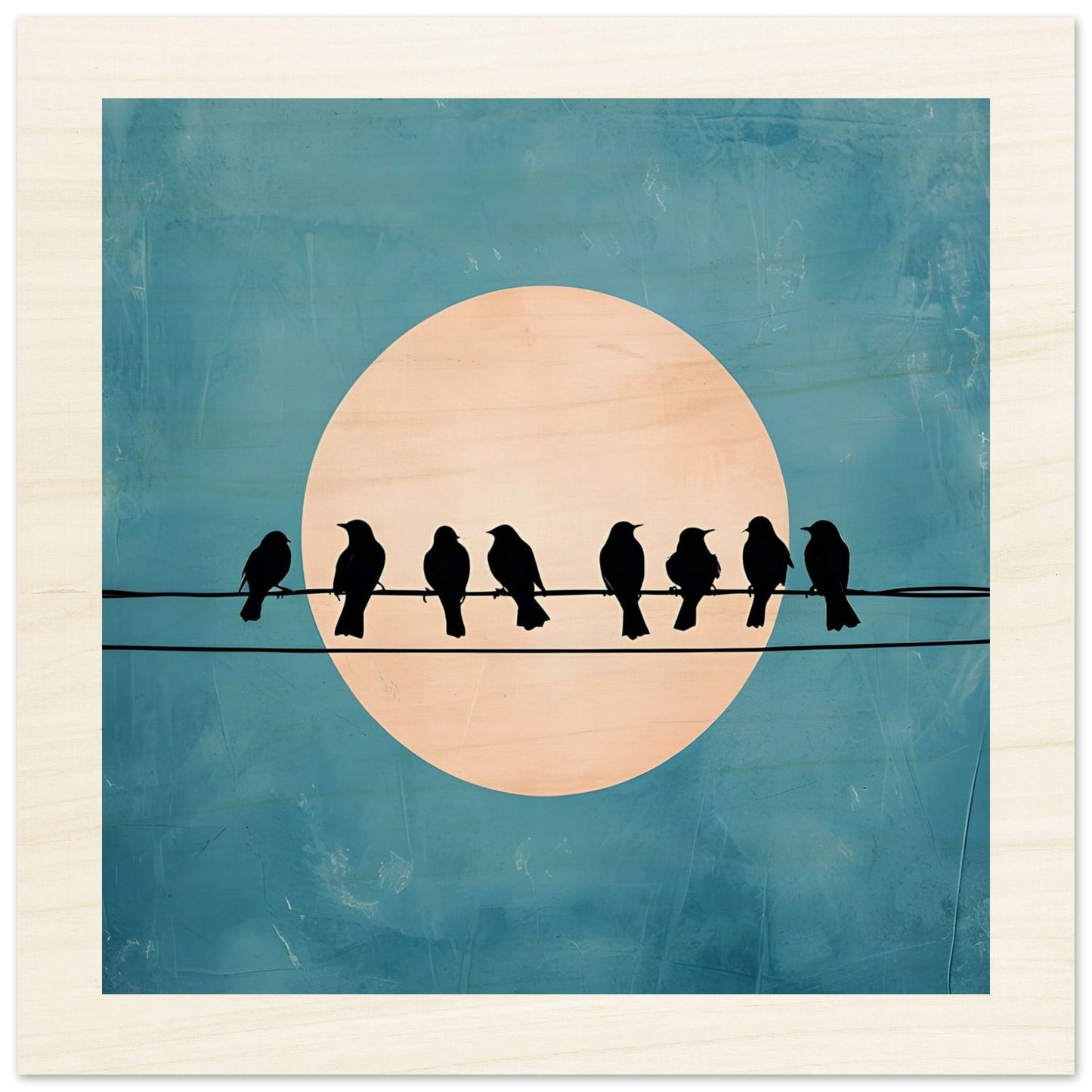 Wooden artwork of birds on a wire with a moon in the background