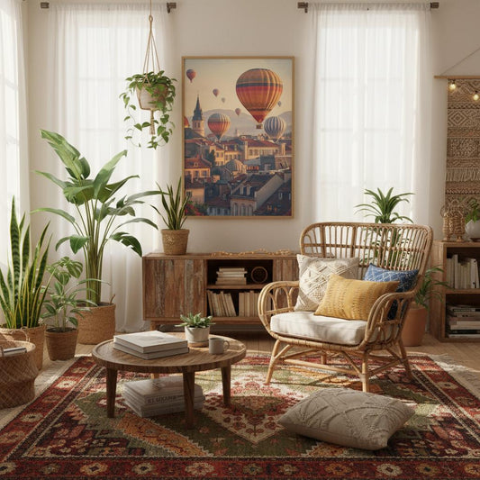 Cozy living room with wicker furniture, plants, and a colorful hot air balloon painting.