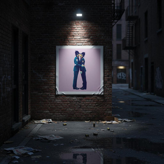 Framed artwork of a stylized character on a brick wall in an alleyway.