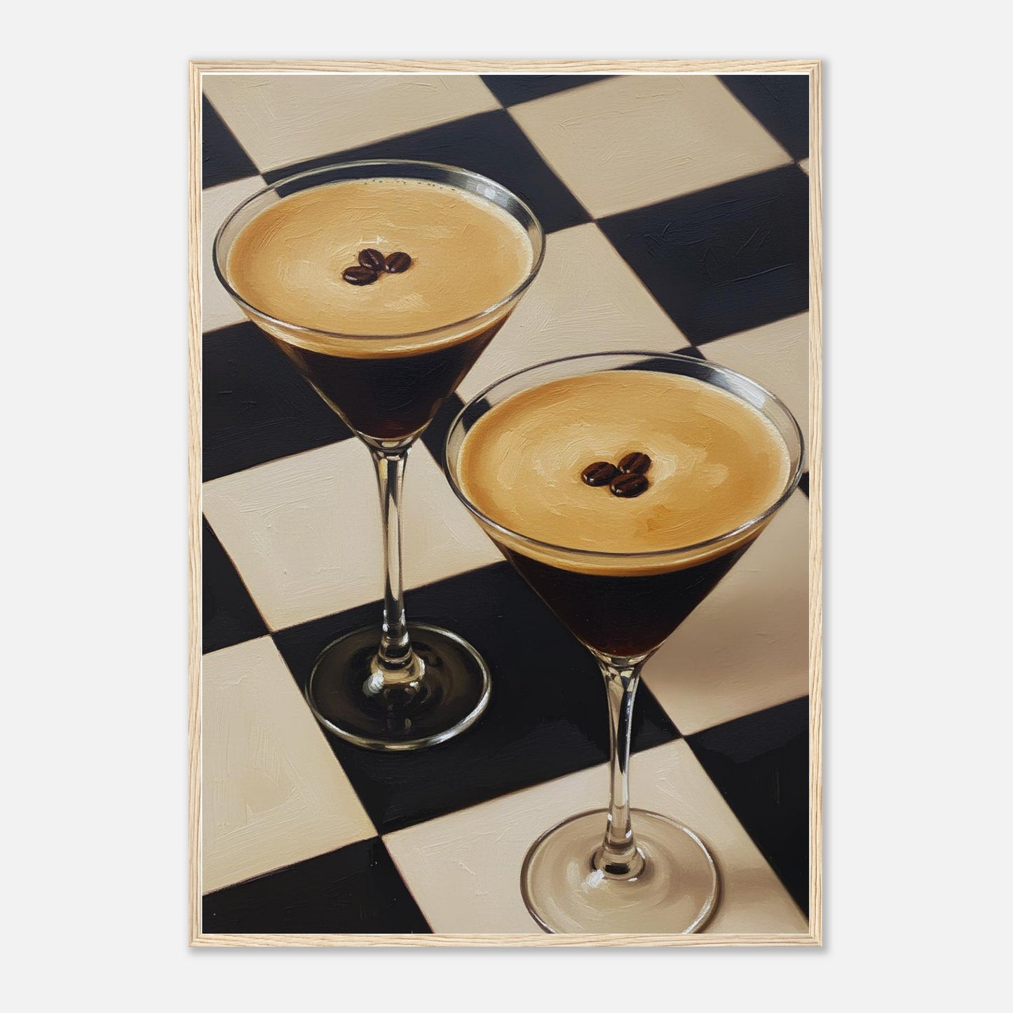 Framed Espresso Martini print featuring two classic cocktails with rich coffee tones and a geometric checkerboard pattern.