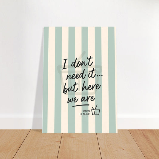 Striped poster with text on a wooden floor and light gray background