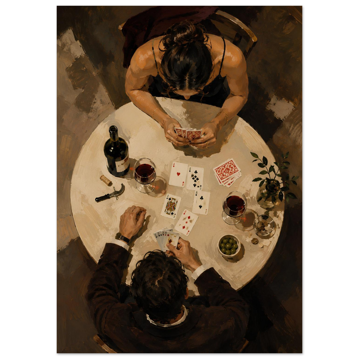 Bird's-eye couple playing cards art print featuring wine and warm brown and cream tones.