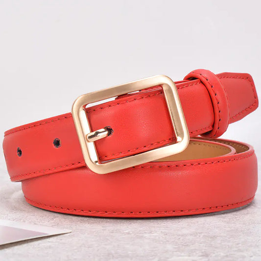 Red belt with a gold buckle on a light gray background