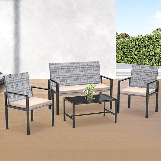 Garden Furniture Set Outdoor Corner Sofa Couch 4Pcs Handwoven Rattan Patio Conversation Set, Cushions and Glass Table