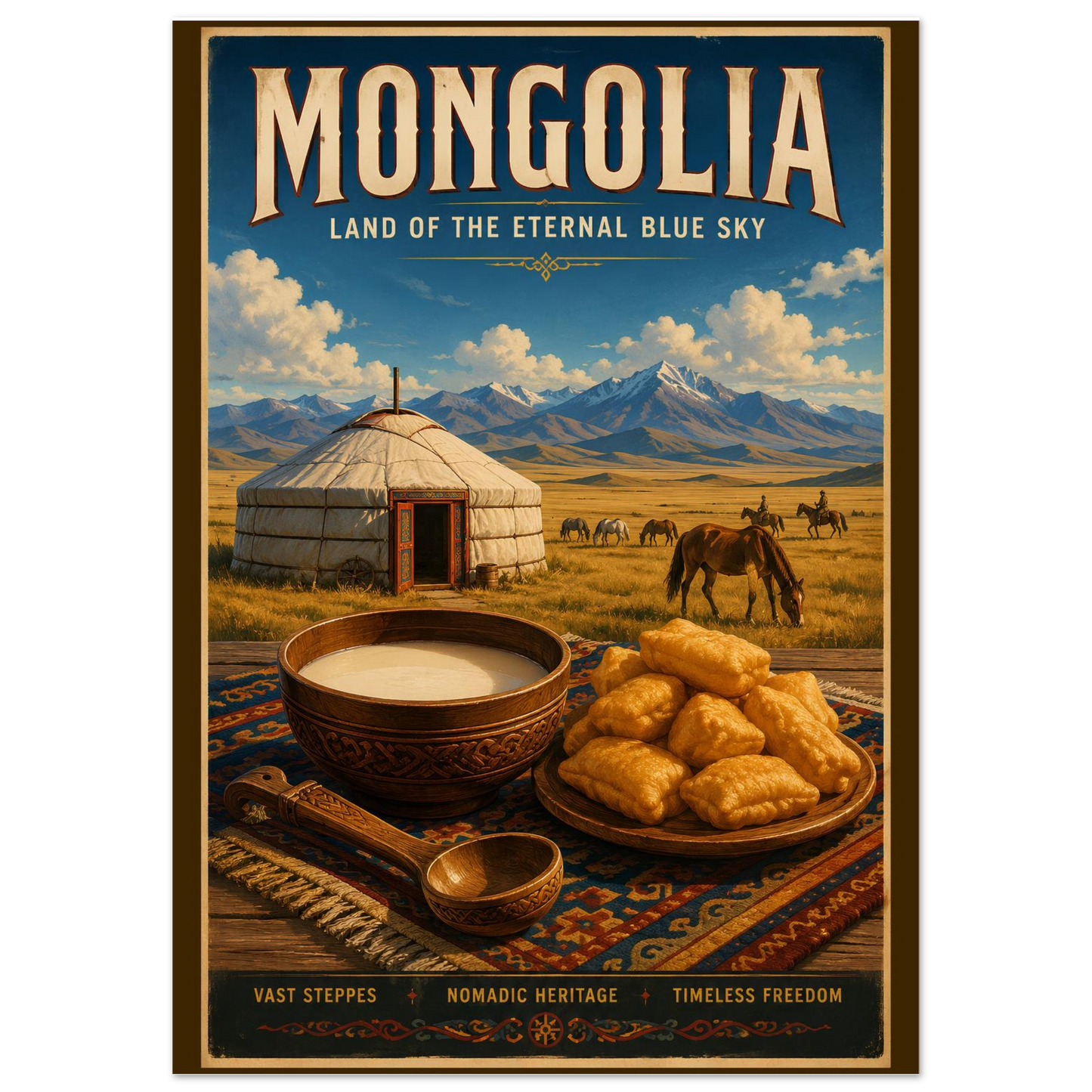 Mongolia travel poster showcasing traditional airag, boortsog pastries, a nomadic ger, grazing horses, and the vast Mongolian steppe.