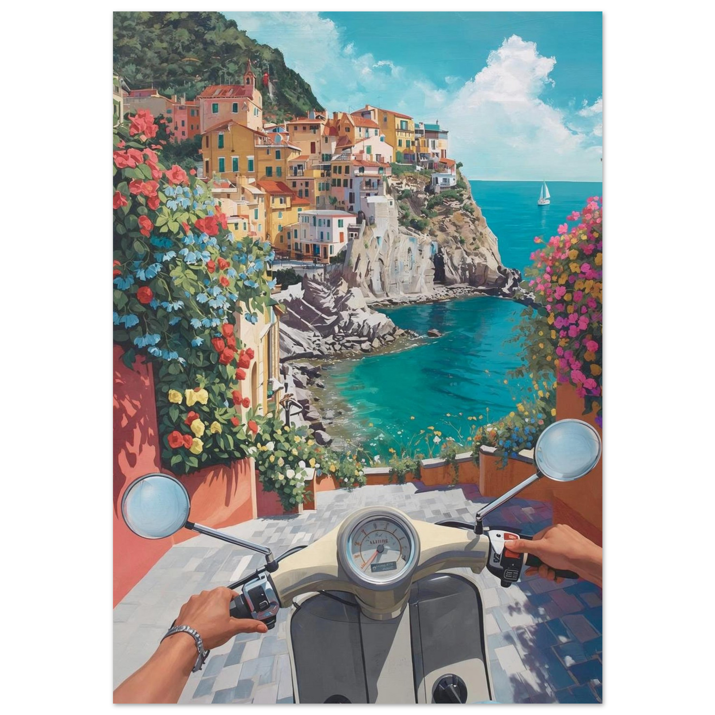 Poster of a coastal scene with a scooter