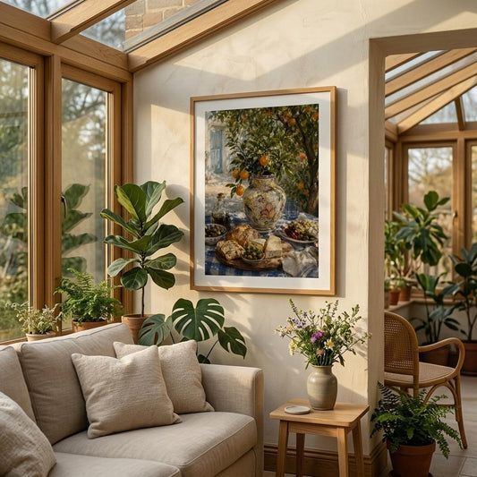 Amalfi Coast inspired still life poster displayed in warm Mediterranean-style interior with natural sunlight