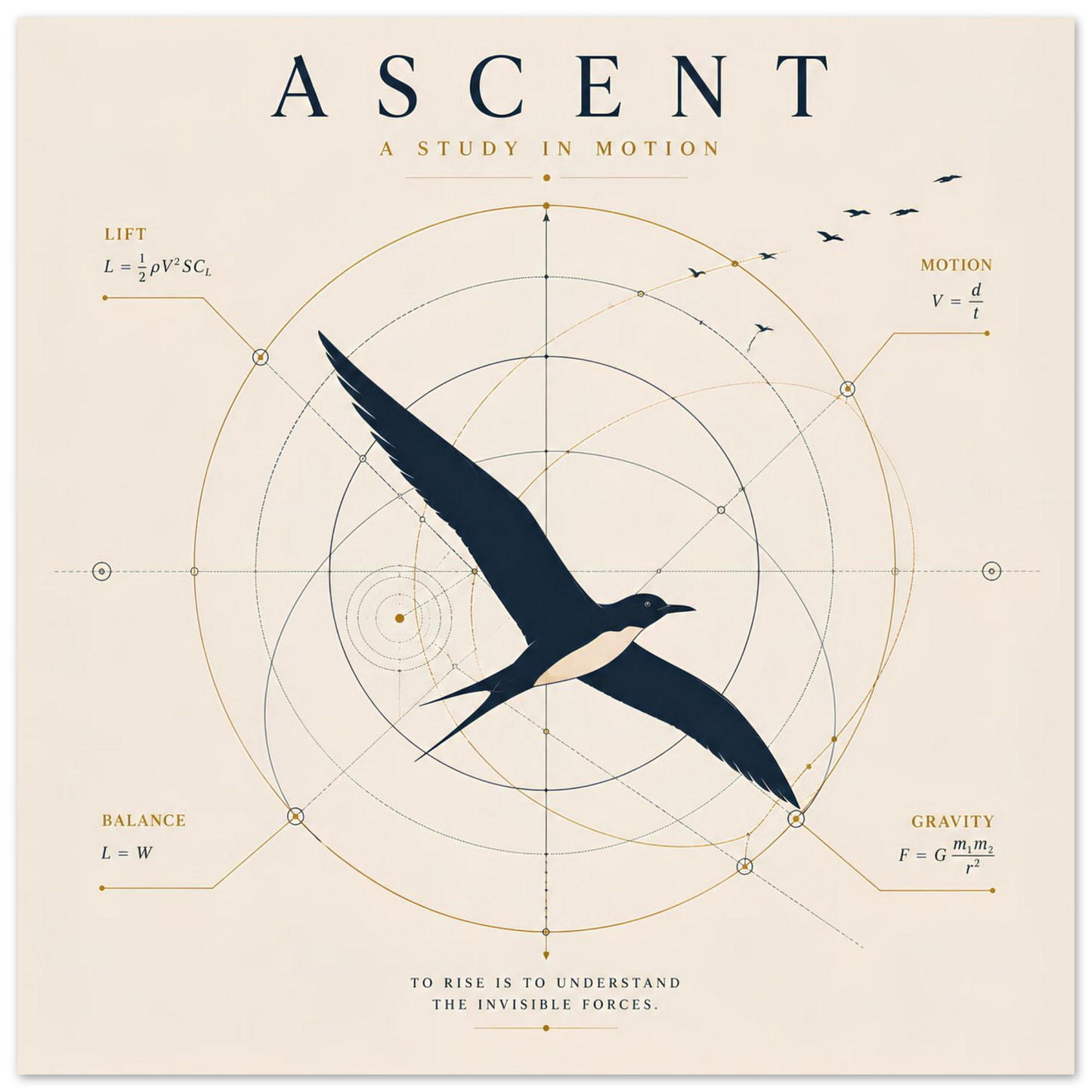 Modern bird wall art with geometric scientific line work on a warm ivory background, inspired by the science of flight.