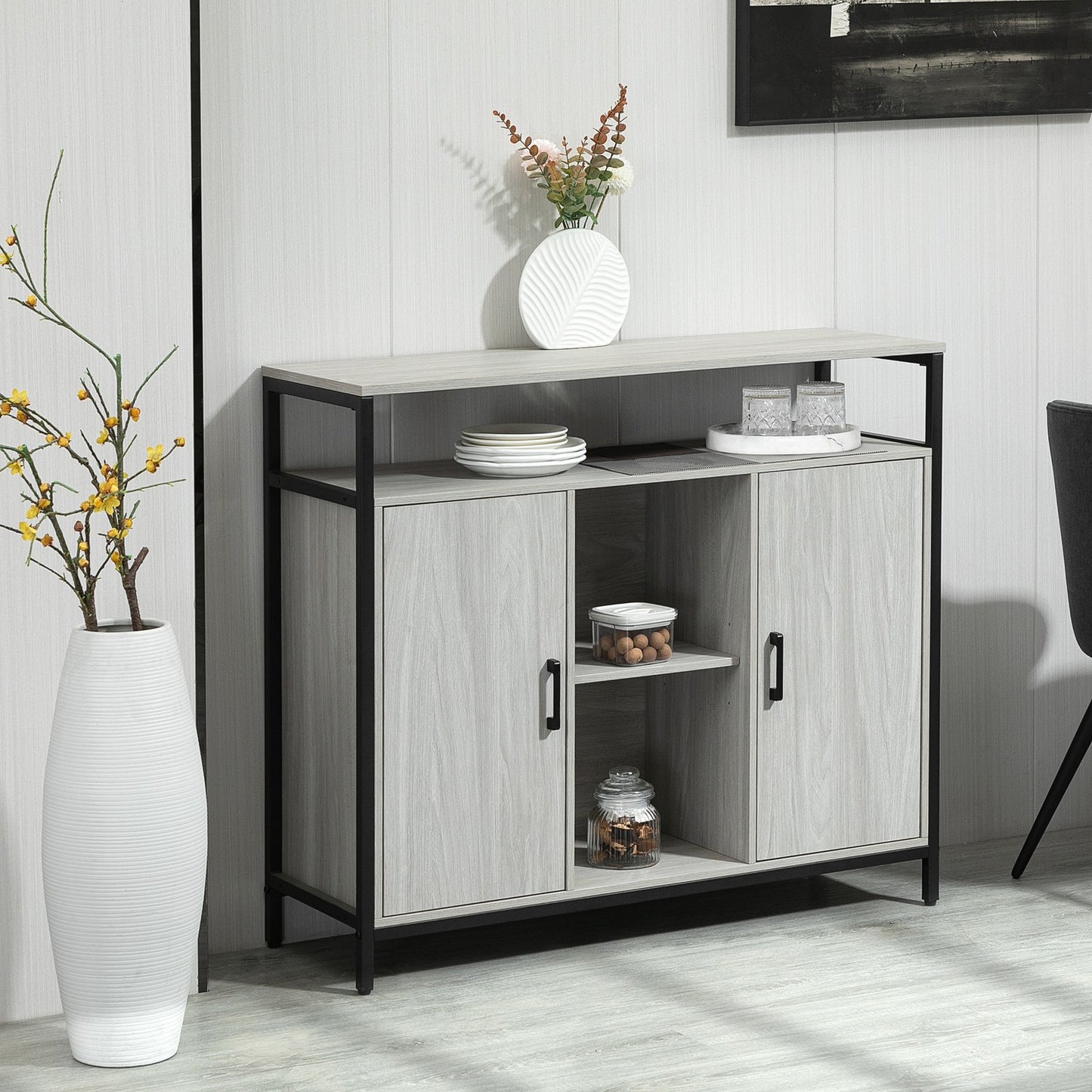 Modern Sideboard, Storage Cabinet with Adjustable Shelves Steel Frame Light Grey