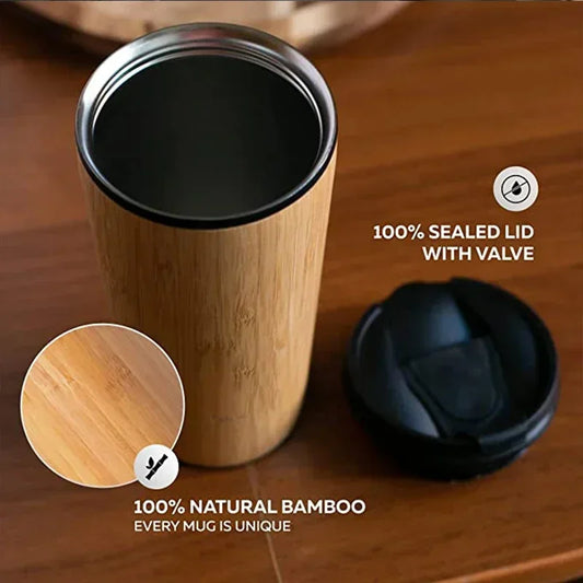eco bamboo coffee cup with flip lid and stainless steel interior