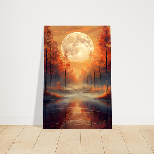 Serene autumn landscape poster with full moon and glowing trees on semi-glossy paper