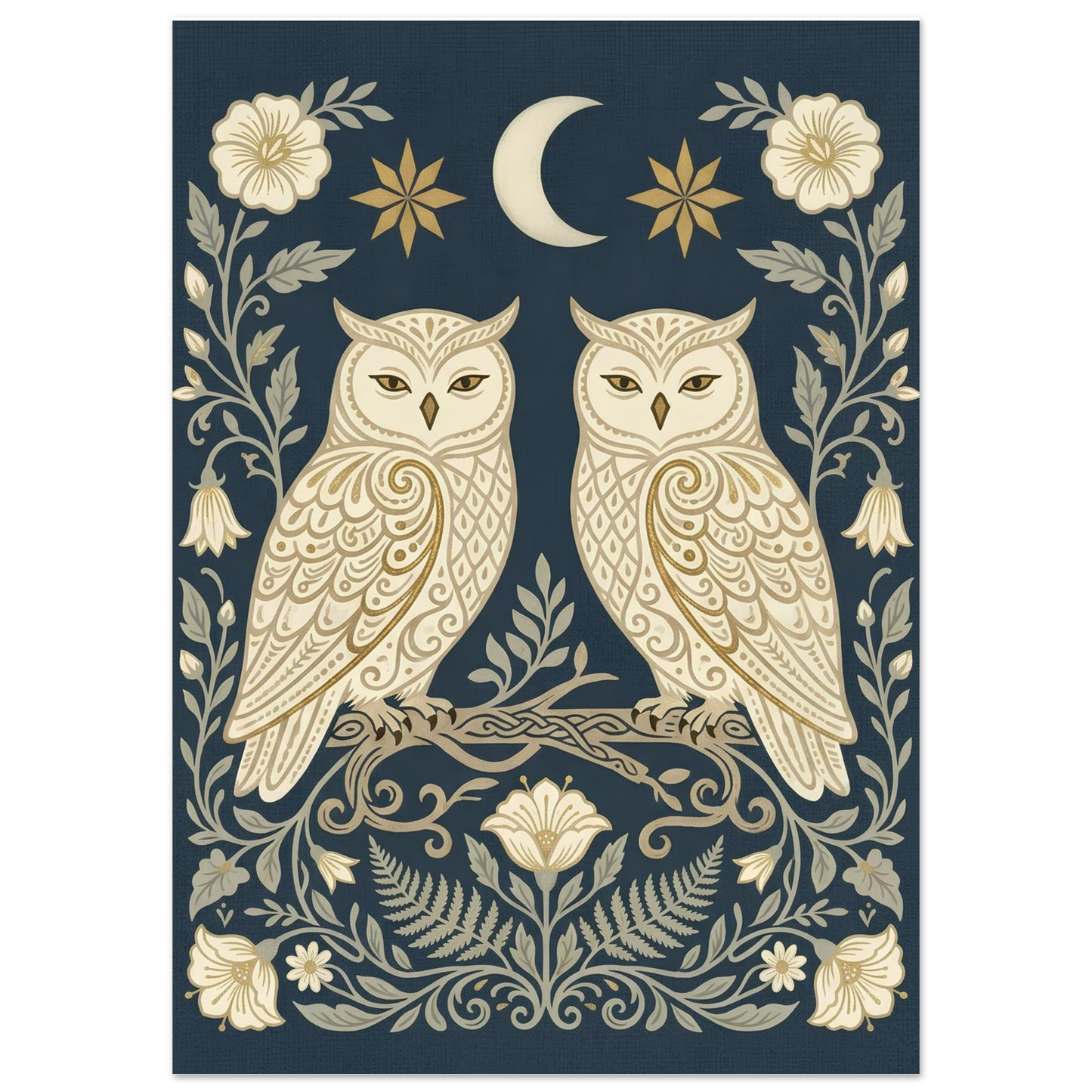 Close-up of Owls & Moonflowers wall art featuring symmetrical cream owls, moonflowers and celestial details on a navy background.