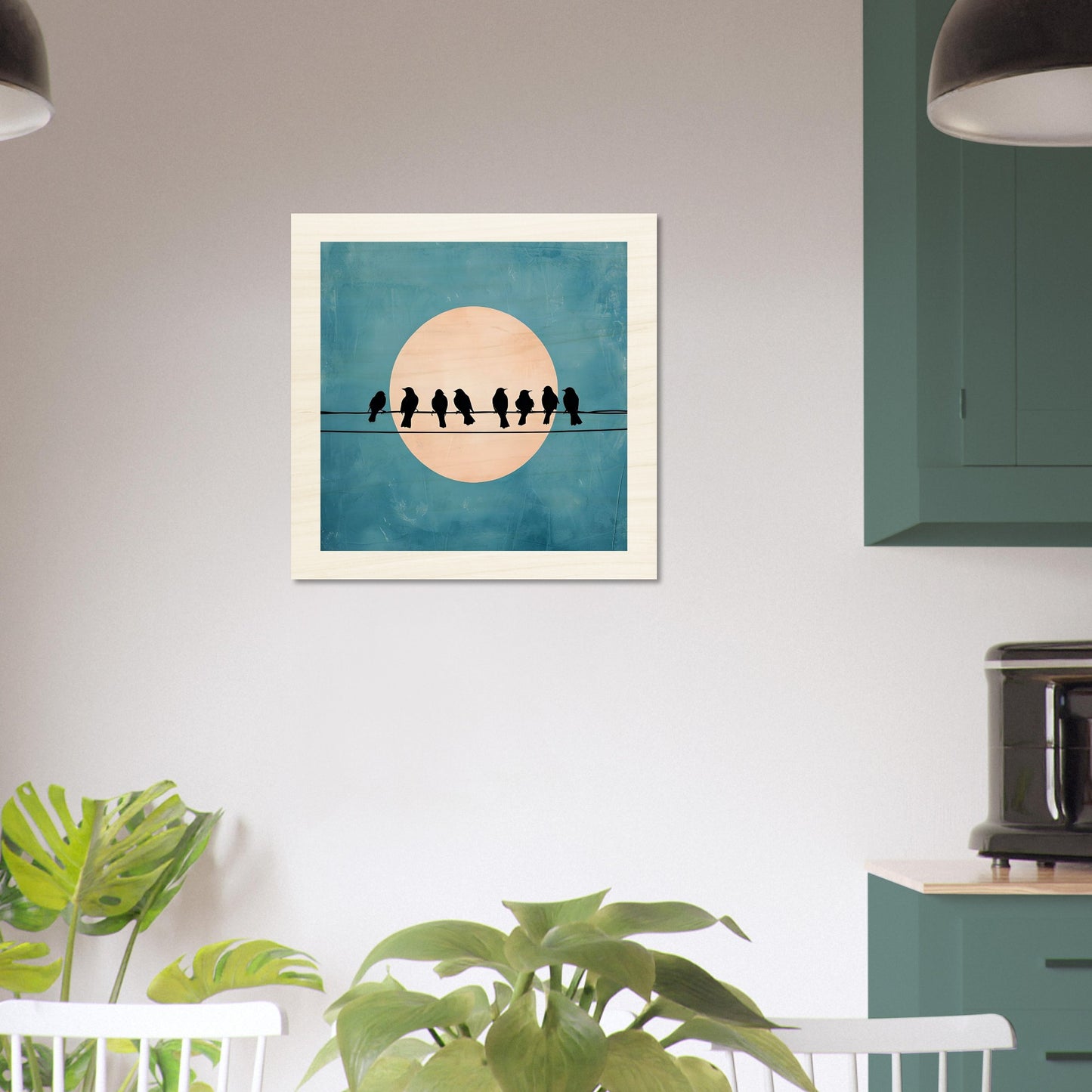 Wooden artwork of birds on a wire with a moon in the background