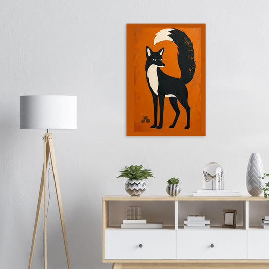 Framed artwork of a fox on an orange background in a modern interior setting.