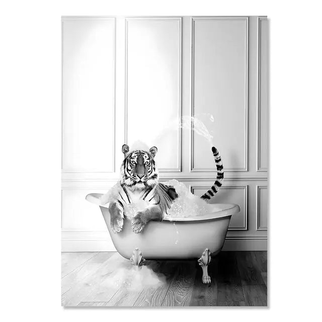 Framed artwork of a tiger in a bathtub with bubbles in a bathroom setting