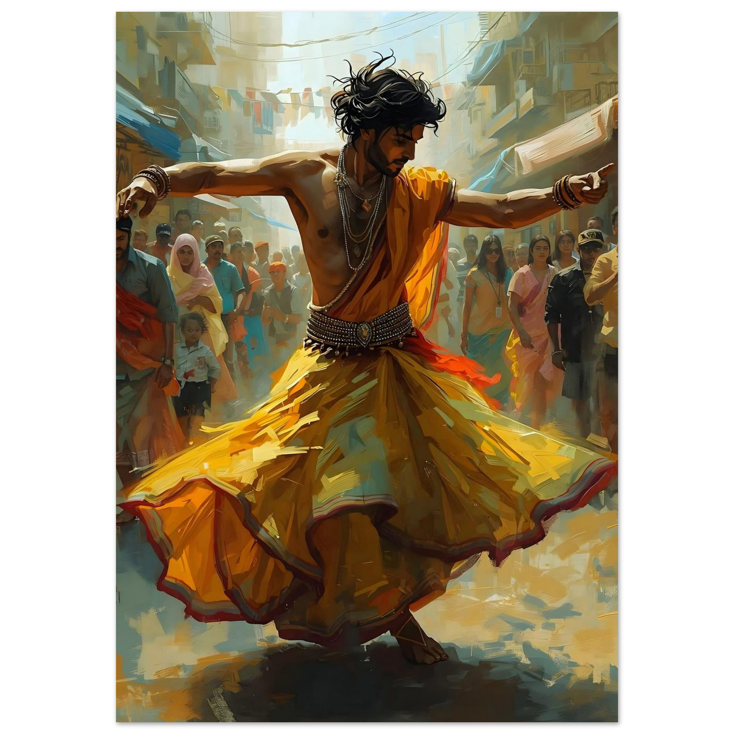 Artistic depiction of a person in a yellow outfit dancing in a crowded street.