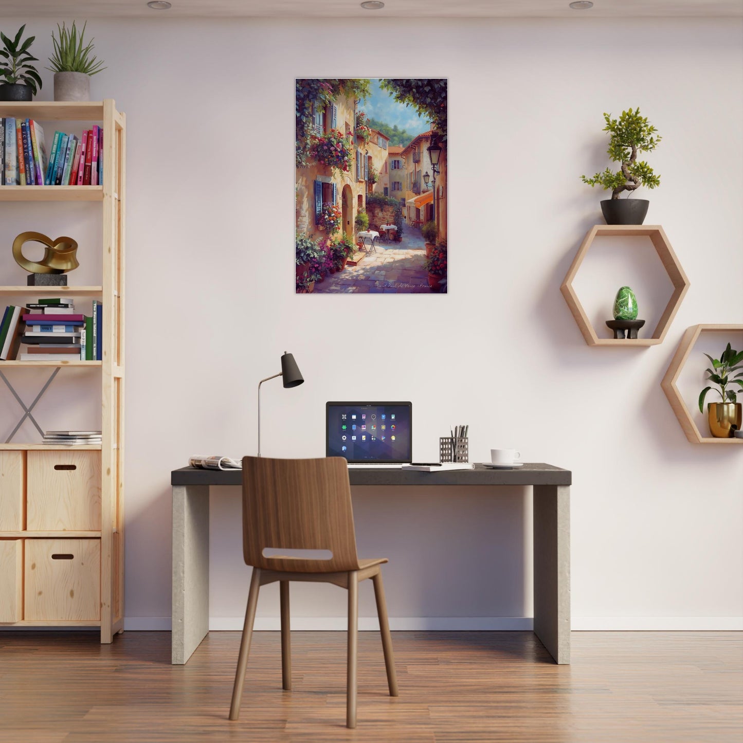 french village artwork in home office space