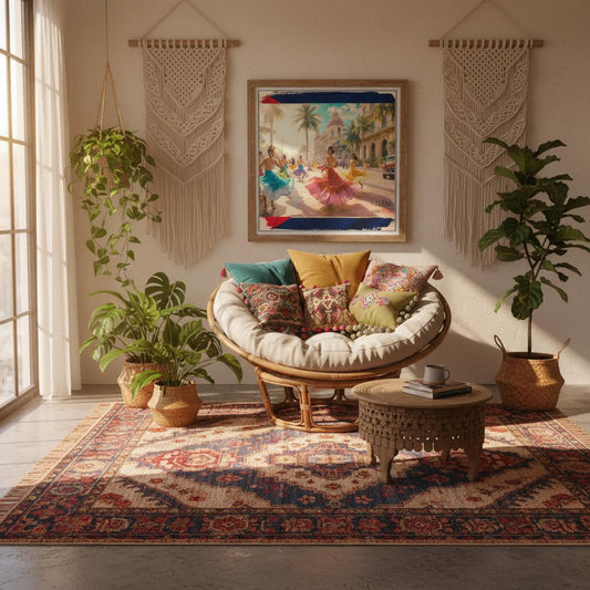 Cozy living room with a papasan chair, colorful cushions, and decorative wall art showing dancers in colorful outfits on a street in Havana, Cuba.