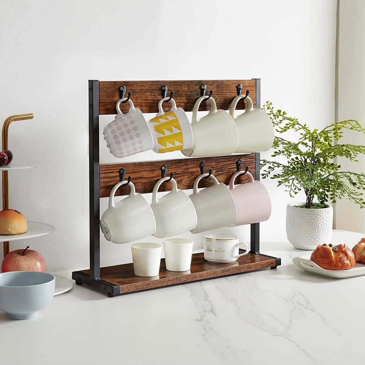 Vintage Wood Coffee Mug Holder Stand 2 Tier Countertop Mug Tree Holder Rack with 16 Hooks Hangers