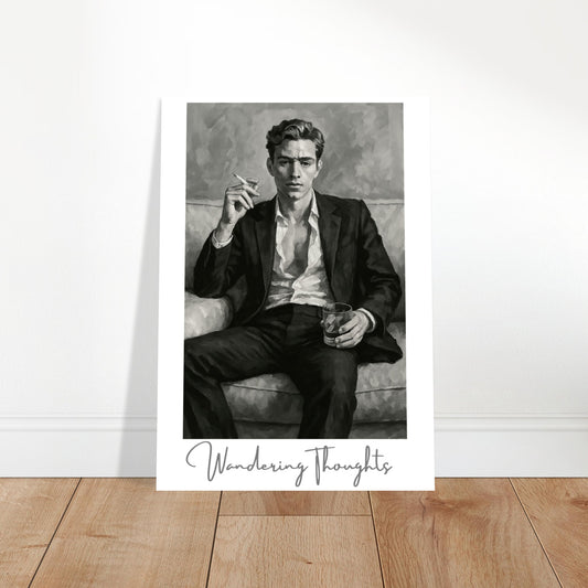 Vintage-style black and white art print of a stylish man sitting with whiskey and cigarette – Wandering Thoughts poster