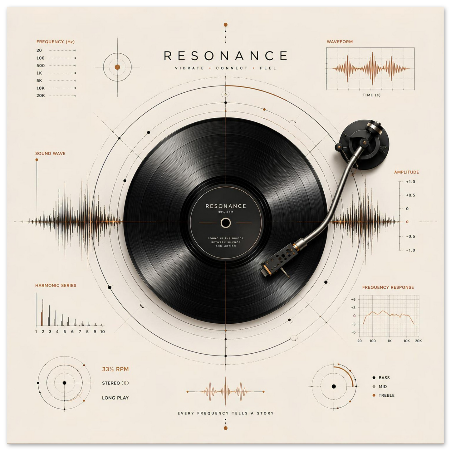 Close-up of the Resonance minimalist vinyl record poster featuring a tonearm, geometric construction lines and copper-accented sound diagrams.