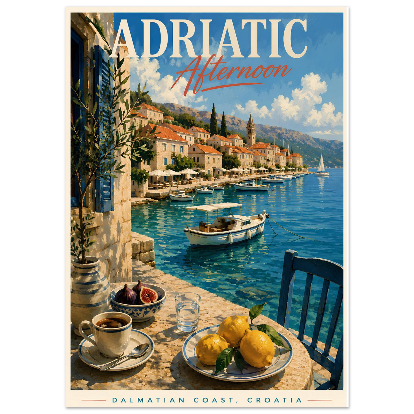 Croatia travel poster featuring a sunlit harbour, sailing boats and coastal village artwork