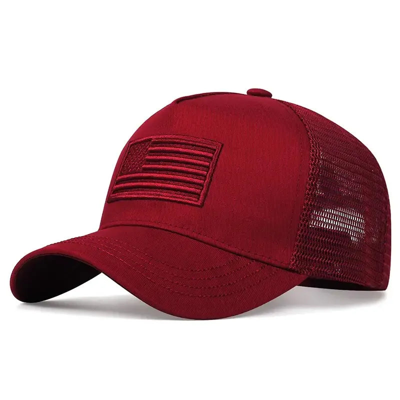 Red mesh cap with an American flag patch on a white background