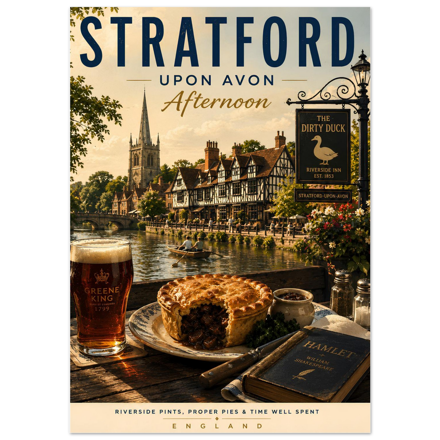 Stratford-upon-Avon Afternoon wall art print featuring the River Avon, traditional pub meal, local ale and Shakespeare-inspired details.