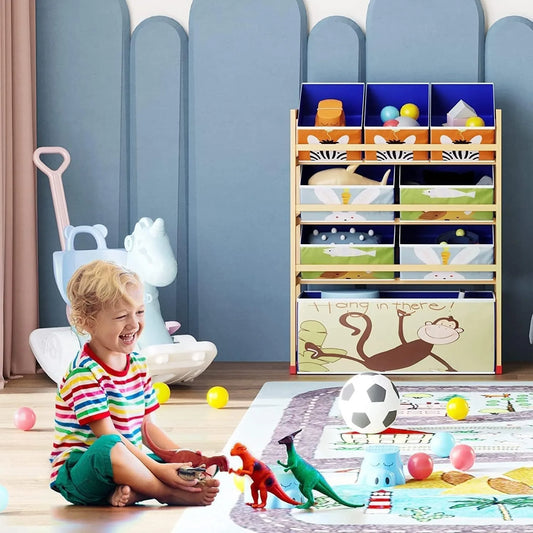 4 Tier Children'S Toy Organiser Shelf with 8 Removable Fabric Bins Boxes, Wooden Toy Organiser Rack for Nursery Playroom