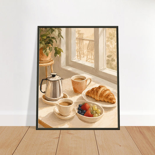 Framed artwork of a breakfast scene with coffee, croissant, and fruits by a window.
