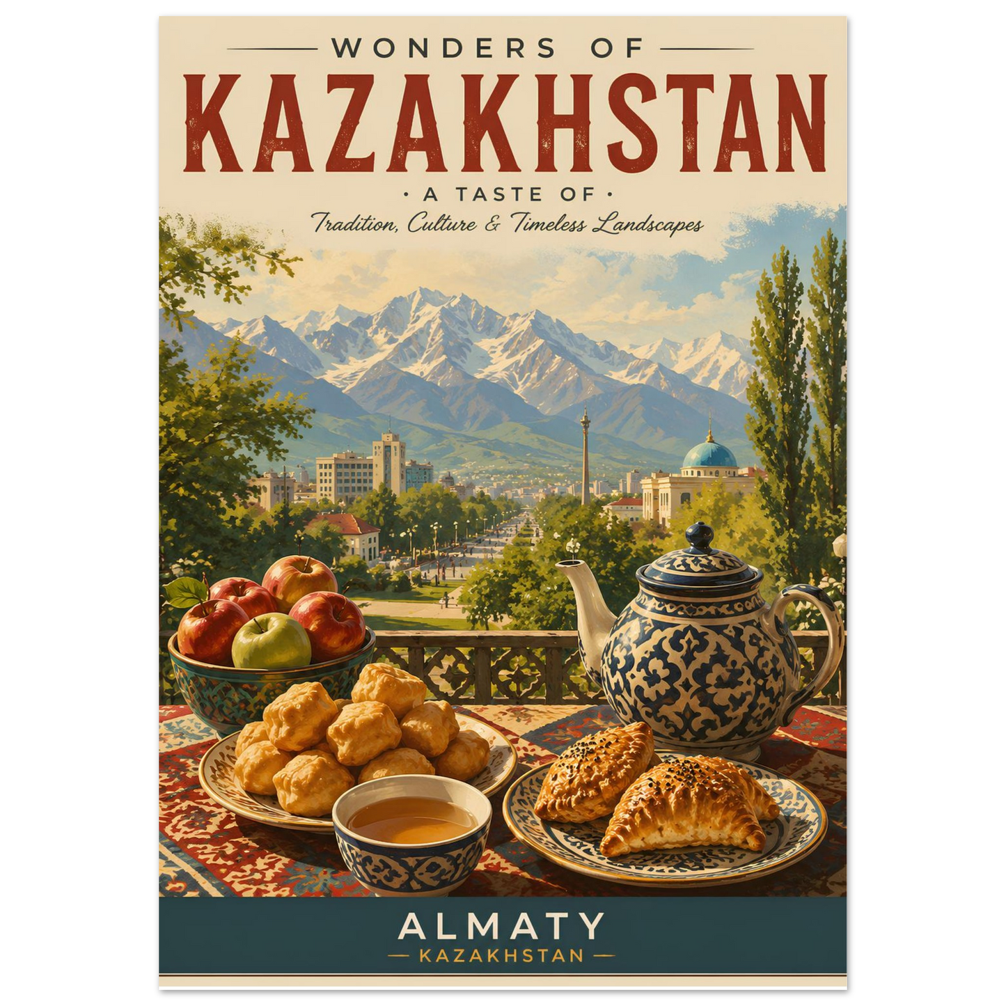 Poster of 'Wonders of Kazakhstan' with scenic view and traditional food items.