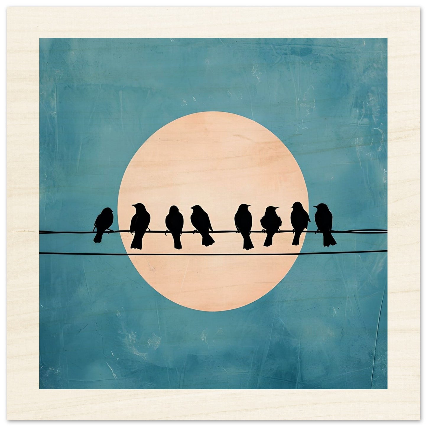 Wooden artwork of birds on a wire with a moon in the background